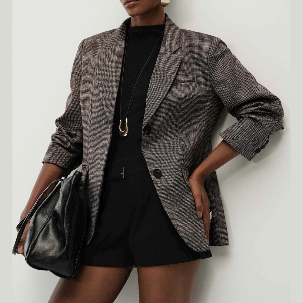 Gray Houndstooth Woven Notch Lapel Oversized Blazer